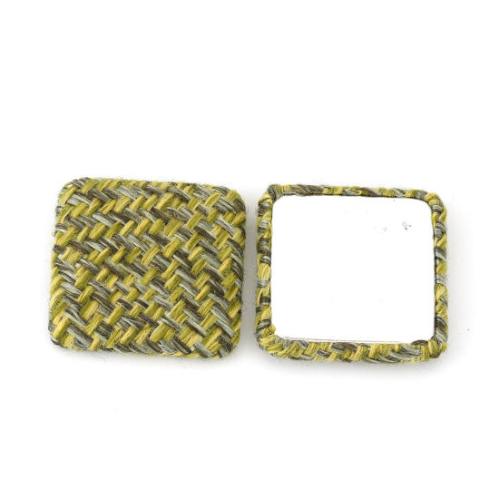 Picture of Zinc Based Alloy Embellishments Square Silver Tone Olive Green Grid Checker Fabric Covered 28mm(1 1/8") x 28mm(1 1/8"), 10 PCs