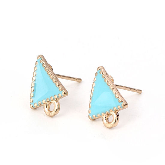 Image de Boucles d'Oreilles Puces en Alliage de Zinc Doré Bleu Clair Triangle avec Boucle Émail 13mm x 10mm, Epaisseur de Fil: (21 gauge) 10 Pcs