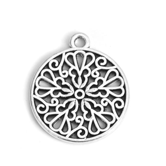 亜鉛合金 生命の花 チャーム 円形 銀古美 透かし 24mm x 21mm、 30 個 の画像