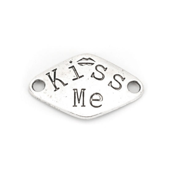 Image de Connecteurs en Alliage de Zinc Losange Argent Vieilli Gravé Caractère " KISS ME " 33mm x 20mm, 20 Pcs