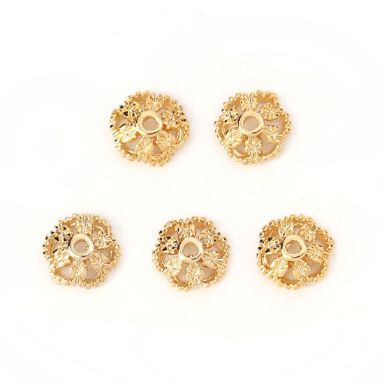 Image de Coupelles en Laiton Fleur Plaqué Or Véritable (Apparié à Perle: 8mm Dia) 7mm x 7mm, 10 Pcs