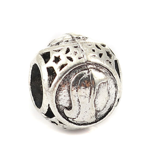 Image de Perles à Gros Trou au Style Européen en Alliage de Zinc Rond Argent Vieilli Constellation Vierge Env. 11mm Dia, Trou: 5mm, 10 Pcs