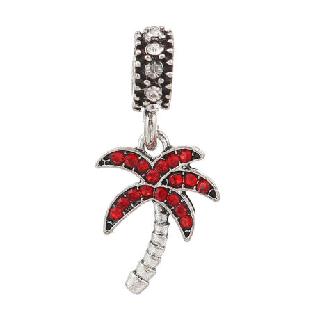 Zamak Estilo Europeo Charm Granos Agujero Grande Árbol de coco Plata Antigua Transparente Rhinestone Rojo 28mm x 12mm, 5 Unidades