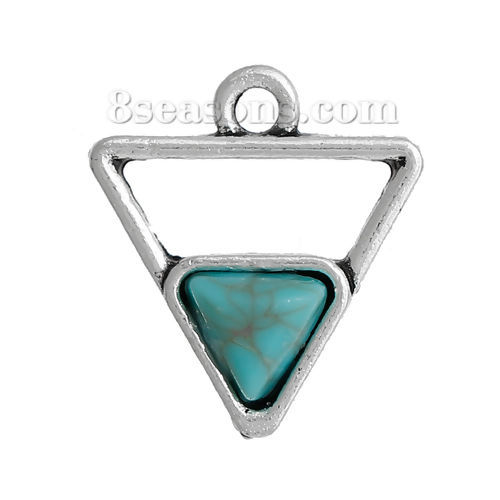 Imagen de Zamak Colgantes Charms Geométrico Plata Antigua Azul Triángulo Imitación de turquesa 18mm x 16mm, 10 Unidades
