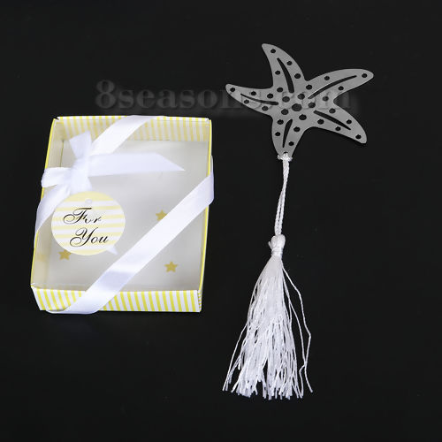 Picture of Stainless Steel Bookmark Star Fish Silver Tone Tassel 73mm(2 7/8") x 62mm(2 4/8"), 1 Set