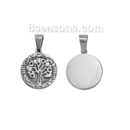 Imagen de 316 Acero Inoxidable Colgantes Árbol Tono de Plata Ronda 39mm x 25mm, 1 Unidad