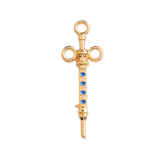 Picture of Pin Brooches Syringe Gold Plated Blue Enamel 35mm(1 3/8") x 12mm( 4/8"), 1 Piece