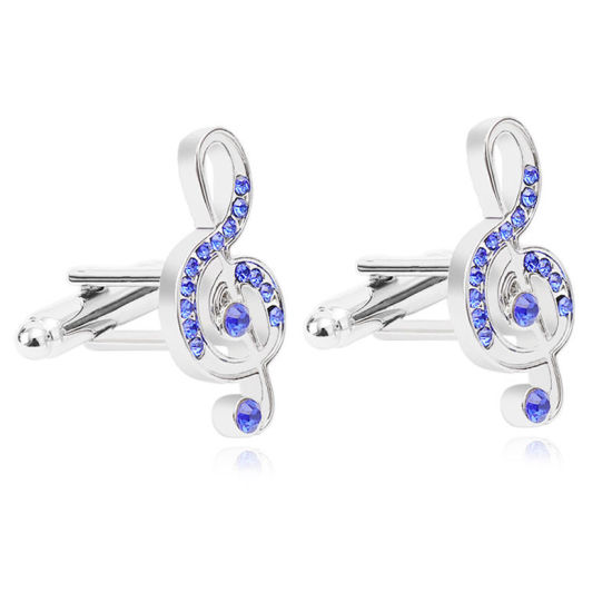 Picture of Zinc Based Alloy Cuff Links Musical Note Silver Tone Blue Rhinestone 26mm x 12mm, 1 Piece
