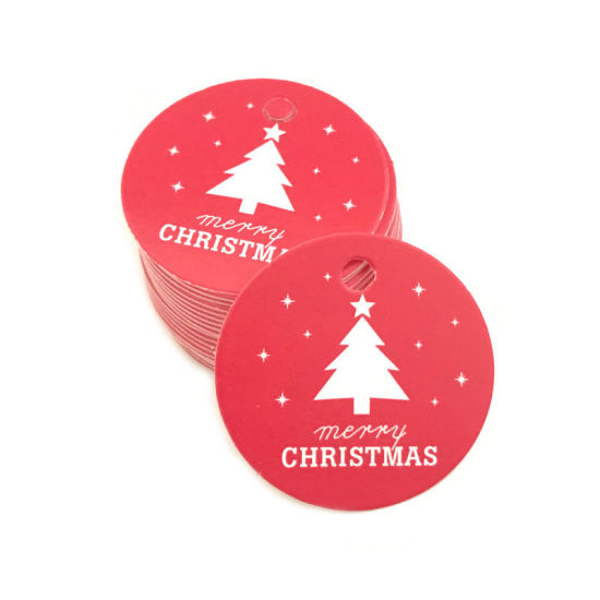 紙 吊り下げタグ 円形 白×赤 クリスマスツリー柄 4.3cm直径、 1 セット (約 100PCs/セット) の画像