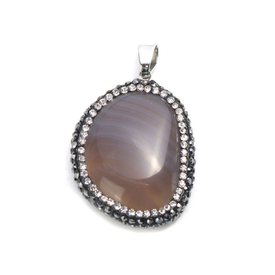 Image de (Classement A) Pendentifs en Cuivre + Agate ( Naturel ) Goutte d'Eau Argent Mat Gris Clair à Strass Noir & Transparent 4.1cm x 2.6cm, 1 Pièce