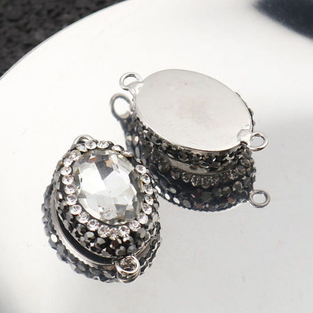 Image de Connecteurs en Laiton+Verre Ovale Transparent A Facettes à Strass Noir 26mm x 15mm, 2 Pcs
