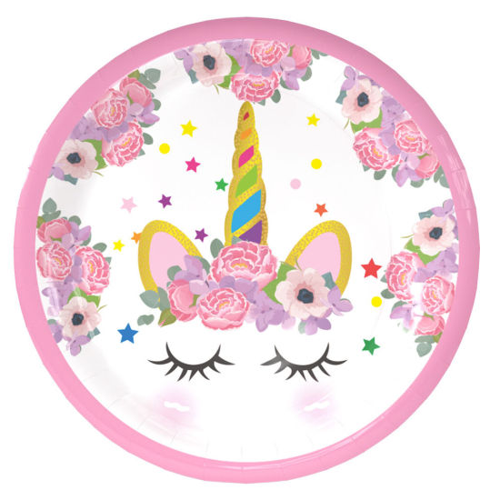 紙 皿 パーティー 円形 ピンク 馬パターン 23cm、 1 セット ( 6 個/セット) の画像
