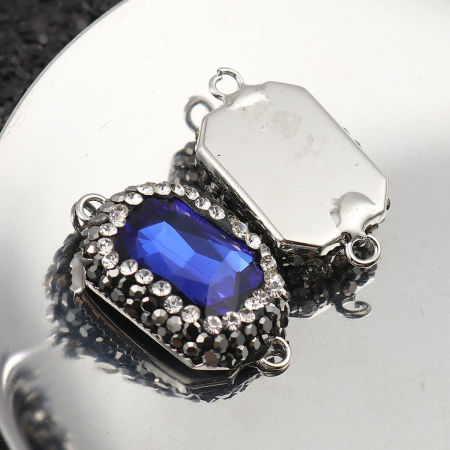 Image de Connecteurs en Laiton+Verre Rectangle Bleu Foncé A Facettes à Strass Transparent 26mm x 15mm, 2 Pcs