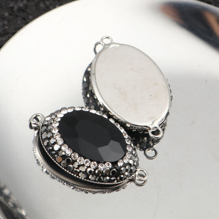 Image de Connecteurs en Laiton+Verre Ovale Noir A Facettes à Strass Transparent 33mm x 19mm, 2 Pcs