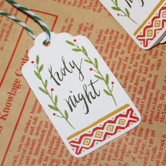 Picture of Paper Christmas Hanging Tags Rectangle Multicolor Leaf Pattern " Holy night " 7cm x 4cm, 1 Set (Approx 50 PCs/Set)