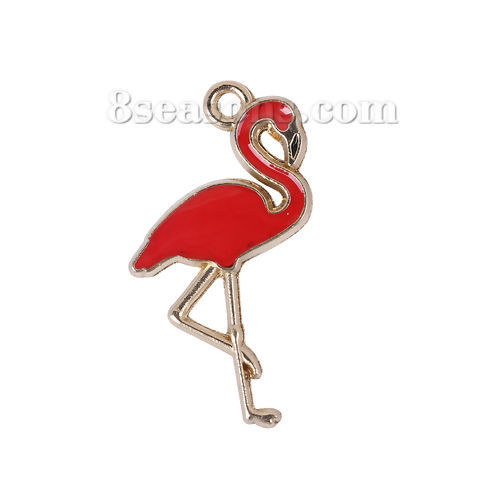 Picture of Zinc Based Alloy Charms Flamingo Gold Plated Red Enamel 28mm(1 1/8") x 16mm( 5/8"), 20 PCs