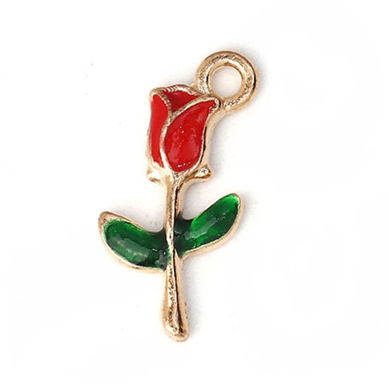 Imagen de Zamak Colgantes Charms Rosa Chapado en Oro Rojo & Verde Esmalte 19mm x 10mm, 30 Unidades