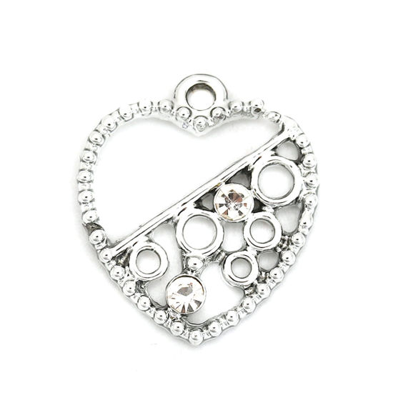 Immagine di Lega di Zinco Charms Cuore Tono Argento Tondo Trasparente Strass 19mm x 17mm , 10 Pz