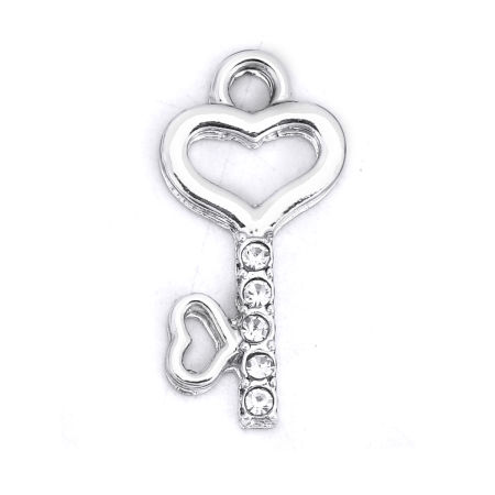 Bild von Zinklegierung Charms Schlüssel Versilbert Herz Transparent Strass 24mm x 12mm, 20 Stück