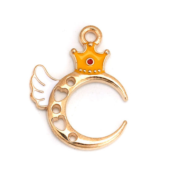 Picture of Zinc Based Alloy Charms Half Moon Gold Plated Yellow Crown Enamel 23mm( 7/8") x 17mm( 5/8"), 20 PCs