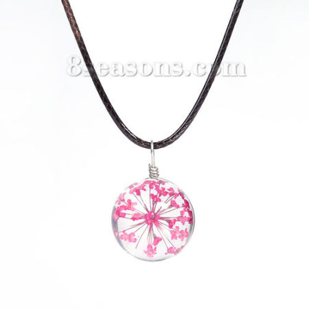 Transparent Glass Globe Dried Flower Necklace Dark Coffee Wax Cord Fuchsia 44.5cm(17 4/8") long, 1 Piece