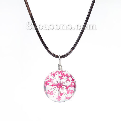 Picture of Transparent Glass Globe Dried Flower Necklace Dark Coffee Wax Cord Fuchsia 44.5cm(17 4/8") long, 1 Piece