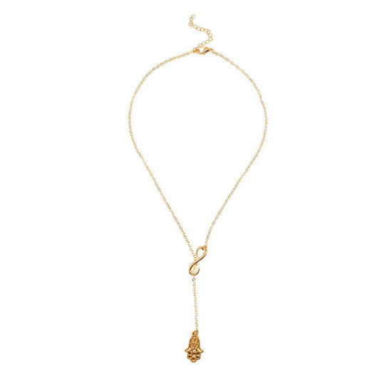Picture of Necklace Gold Plated Infinity Symbol Hamsa Symbol Hand 46cm(18 1/8") long, 1 Piece