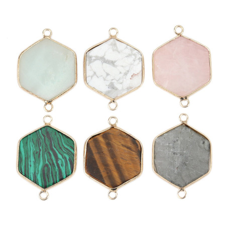 (Grado A) Natural Spectrolite Conectores Hexágono Chapado en Oro Gris 3.5cm x 2.5cm, 1 Unidad