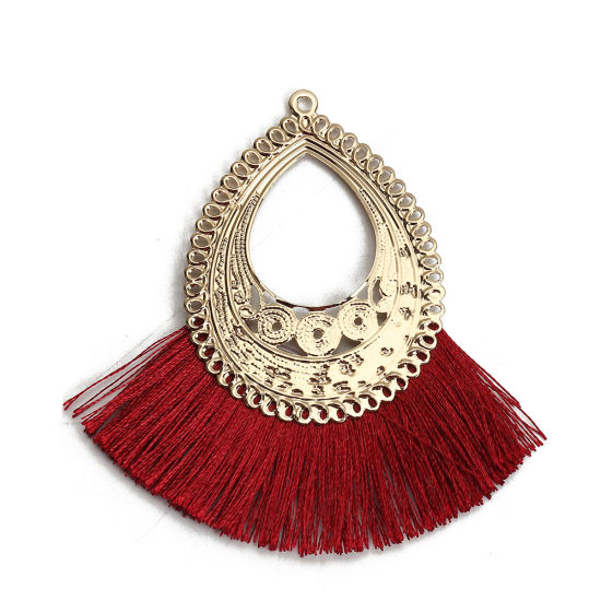 Immagine di Poliestere Nappine Ciondoli Goccia Oro Placcato Colore di Vino Rosso 7cm x 6.7cm, 3 Pz