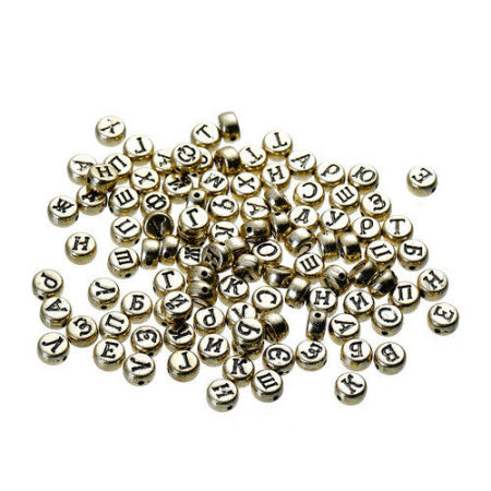 Acryl Spacer Zwischenperlen Perlen Rund Antik Gold Russische Buchstabe ca. 7mm D., Loch:ca. 1.3mm, 400 Stücke