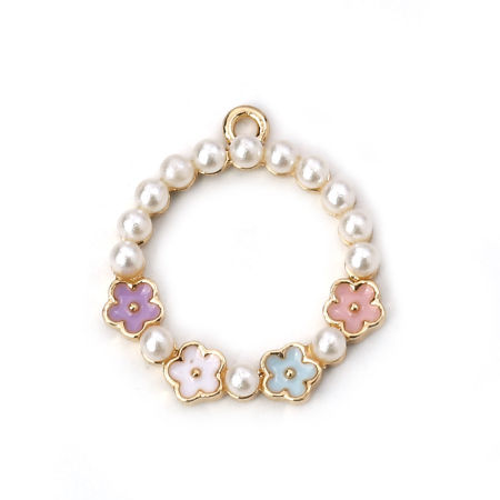 Zamak Colgantes Charms Anillo Chapado en Oro Blanco Flor Imitación de perla 22mm x 20mm, 5 Unidades