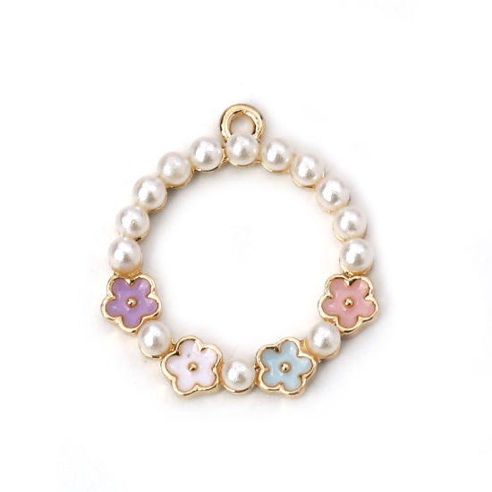 Picture of Zinc Based Alloy Charms Circle Ring Flower Imitation Pearl Enamel 