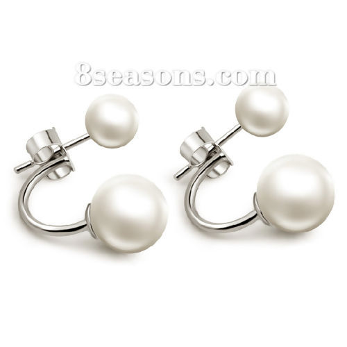 Picture of ABS Ear Jacket Stud Earrings Silver Tone White Imitation Pearl 20mm( 6/8") x 19mm( 6/8"), Post/ Wire Size: (21 gauge), 1 Pair