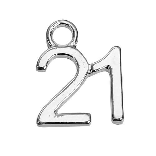 Imagen de Zamak Colgantes Charms Número Argentado " 21 " 12mm x 10mm, 10 Unidades