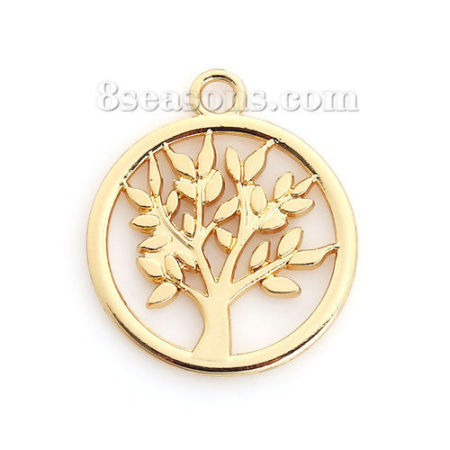 Zamak Colgantes Charms Ronda Chapado en Oro Árbol 20mm x 17mm, 10 Unidades