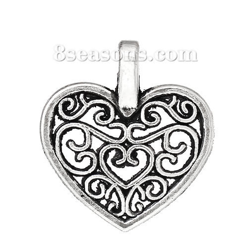 Picture of Zinc Metal Alloy Charm Pendants Heart Pattern Carved Hollow 