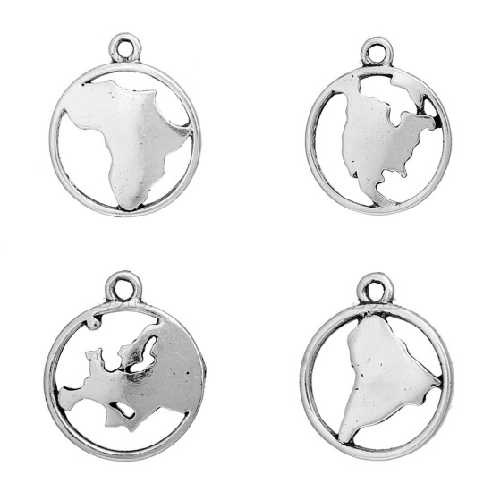 Immagine di Lega di Zinco Contorno Mappa Charm Ciondoli Viaggi  Tondo Argento Antico Africa Scolpito Filigrana 20mm x 17mm , 20 Pz