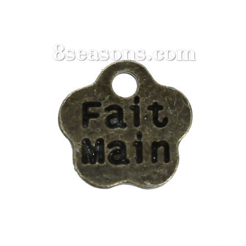 Image de Breloque en Alliage de Zinc Fleur Bronze Antique Gravé Mots " Fait Main "     