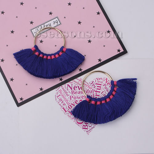 Image de Franges Pompons Glands en Coton Annulaire Doré Bleu Foncé Env. 80mm x 57mm, 2 Pcs