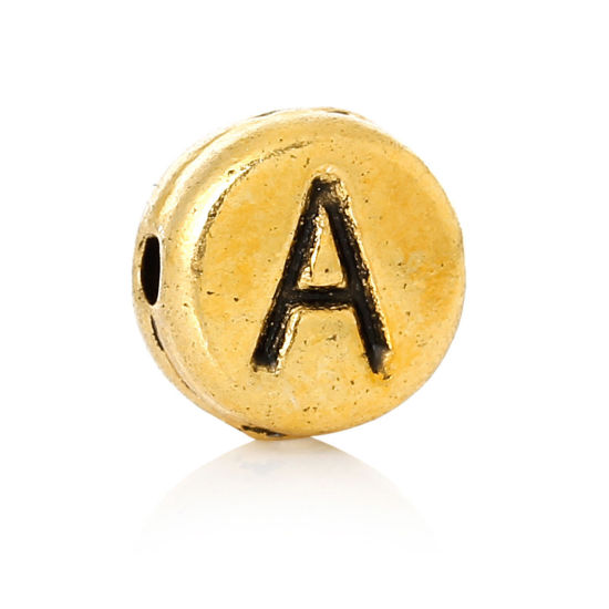 Immagine di Lega di Zinco Separatori Perline Tondo Piatto Oro Antico Lettera Scolpisce Circa 7mm Dia, Foro:Circa 1.2mm, 100 Pz