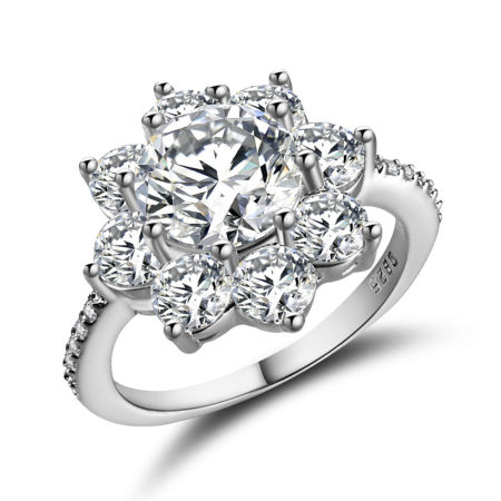 Brass Rings Silver Tone Flower Clear Cubic Zirconia 16.5mm(US Size 6), 1 Piece