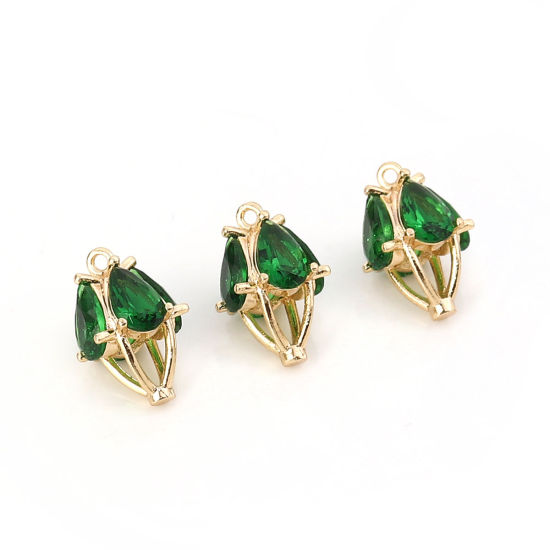 Picture of Brass & Cubic Zirconia Charms Marquise Gold Plated Green Drop 13mm( 4/8") x 9mm( 3/8"), 2 PCs