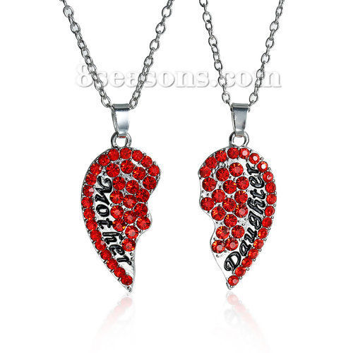 Picture of New Fashion Sweater Necklace Long Link Cable Chain Silver Tone Broken Heart Message " Mother & Daughter " Pendants Red Rhinestone 62.0cm(24 3/8") long, 1 Set(2 PCs/Set)