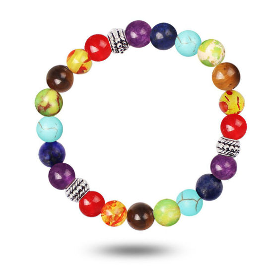 Image de Bracelets Raffinés Bracelets Délicats Bracelet de Perles en Gemme Yoga ( Naturel ) Argent Mat Multicolore Rond Elastique 19cm Long, 1 Pièce