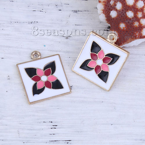 Imagen de Zamak Colgantes Charms Cuadrado Chapado en Oro Multicolor Flor Esmalte 24mm x 20mm, 5 Unidades