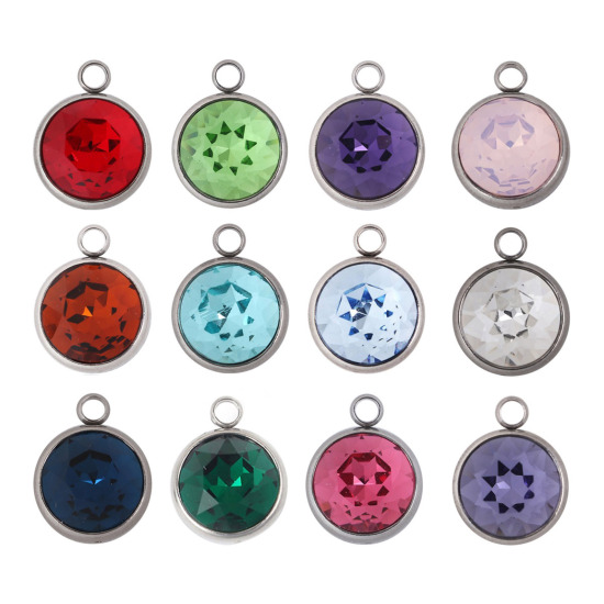 Picture of 304 Stainless Steel July Birthstone Charms Round Disc Silver Tone Faceted Fuchsia Glass Rhinestone 18mm( 6/8") x 14mm( 4/8"), 1 Piece
