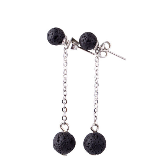 Picture of Stainless Steel & Gemstone ( Natural ) Earrings Silver Tone Black 4.3cm x Post/ Wire Size: (21 gauge), 1 Pair