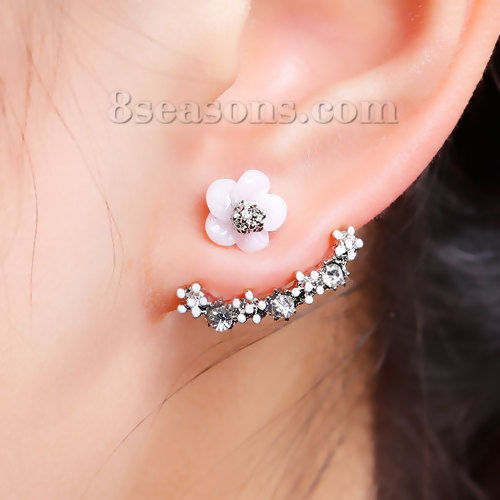 Picture of Acrylic Ear Jacket Stud Earrings Daisy Flower Clear Rhinestone W/ Stoppers 