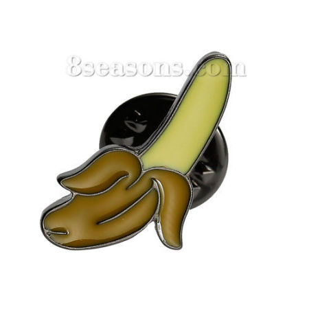 Tie Tac Lapel Pin Brooches Fruit Banana Gunmetal Yellow & Brown 22mm( 7/8") x 12mm( 4/8"), 1 Piece