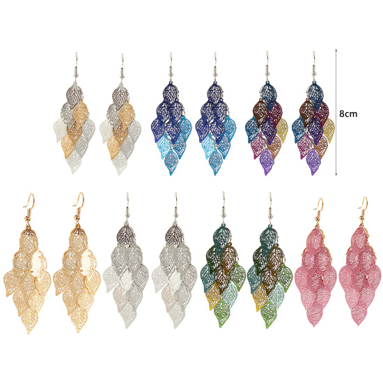 Bild von Messing Filigran Stempel Ohrringe Ohrhaken Blätter Silberfarbe Vergoldet Hohl 80mm Drahtstärke: (21 gauge) 1 Paar